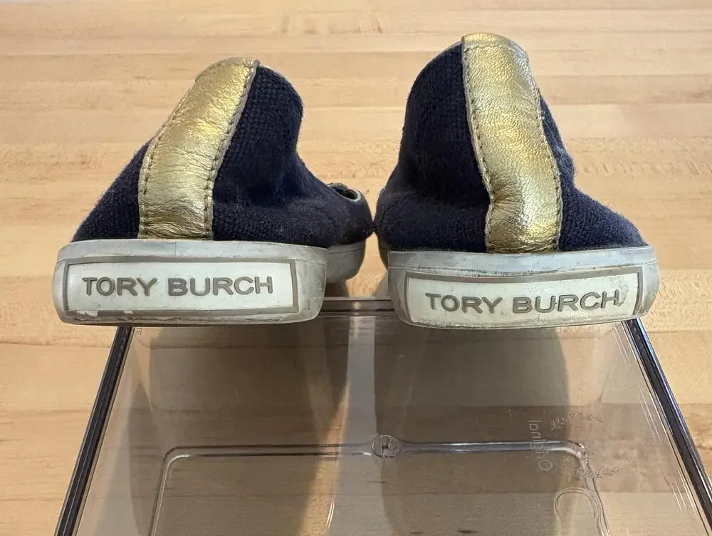 Tory Burch Shoes Womens Size 6 Navy Gold Logo Canvas Bow Ballet Flats Casual